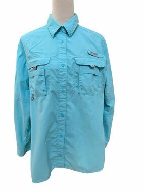 Columbia Men’s Large PFG Light Blue Performance Fishing Shirt Roll Tab Sleeves